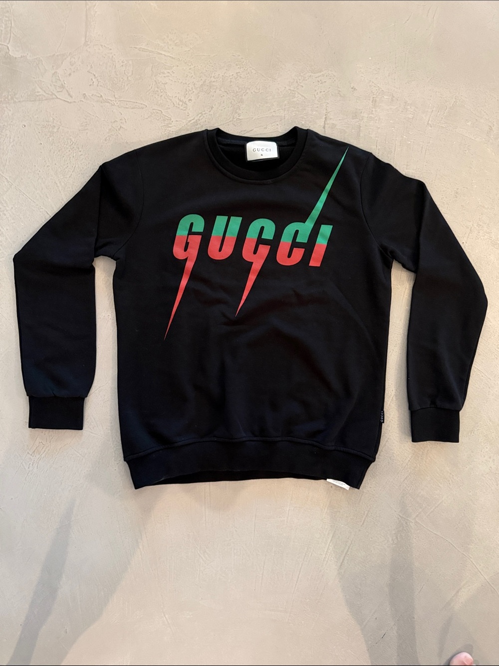 Vintage Gucci Women’s Black Crewneck Sweatshirt with Red & Green Logo